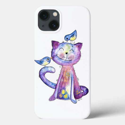Cute Whimsical Paars Cat met vogels Case-Mate iPhone Case (Achterkant)