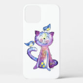 Cute Whimsical Paars Cat met vogels Case-Mate iPhone Case (Achterkant)