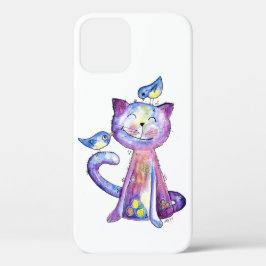 Cute Whimsical Paars Cat met vogels Case-Mate iPhone Case