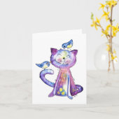 Cute Whimsical Paars Cat met vogels Kaart (Gele Bloem)