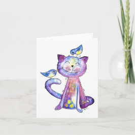 Cute Whimsical Paars Cat met vogels Kaart