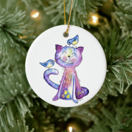 Cute Whimsical Paars Cat met vogels Keramisch Ornament