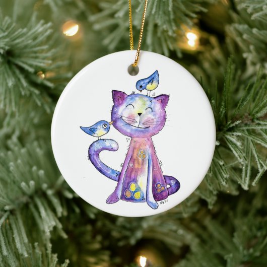 Cute Whimsical Paars Cat met vogels Keramisch Ornament (Boom)