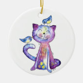 Cute Whimsical Paars Cat met vogels Keramisch Ornament (Voorkant)