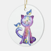 Cute Whimsical Paars Cat met vogels Keramisch Ornament (Links)
