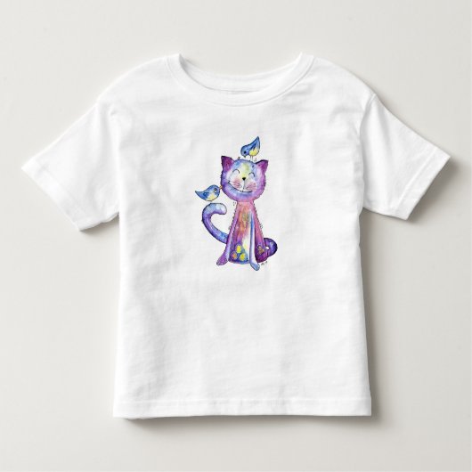 Cute Whimsical Paars Cat met vogels Kinder Shirts (Voorkant)