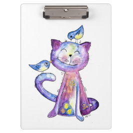 Cute Whimsical Paars Cat met vogels Klembord