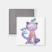 Cute Whimsical Paars Cat met vogels Magneet (Voorkant / Achterkant)