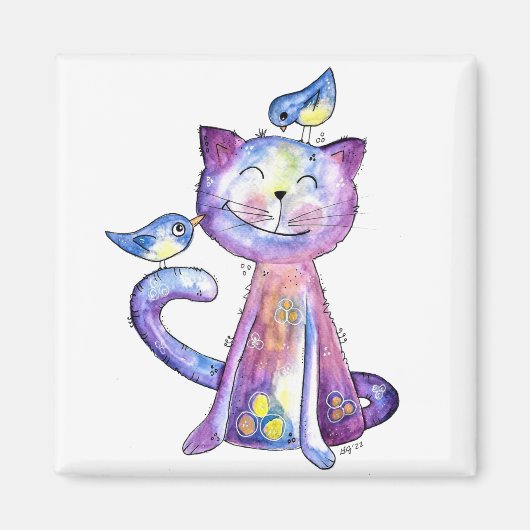 Cute Whimsical Paars Cat met vogels Magneet (Voorkant)