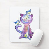 Cute Whimsical Paars Cat met vogels Muismat (Met muis)