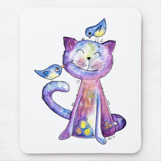 Cute Whimsical Paars Cat met vogels Muismat (Voorkant)