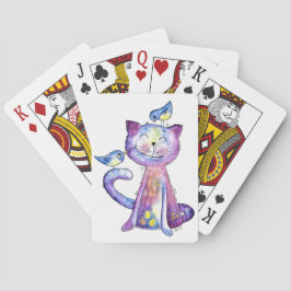 Cute Whimsical Paars Cat met vogels Pokerkaarten