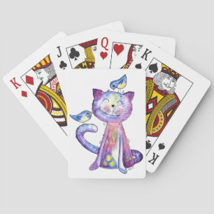 Cute Whimsical Paars Cat met vogels Pokerkaarten