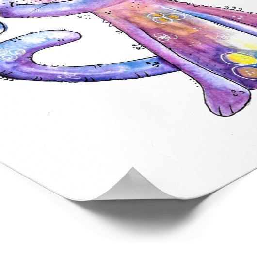 Cute Whimsical Paars Cat met vogels Poster (Hoek)