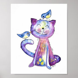 Cute Whimsical Paars Cat met vogels Poster
