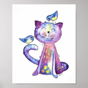 Cute Whimsical Paars Cat met vogels Poster