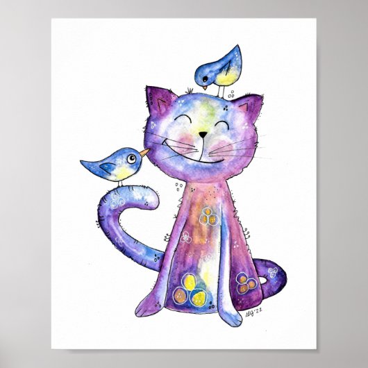 Cute Whimsical Paars Cat met vogels Poster (Voorkant)