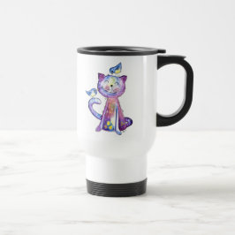 Cute Whimsical Paars Cat met vogels Reisbeker