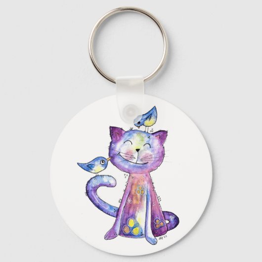 Cute Whimsical Paars Cat met vogels Sleutelhanger (Voorkant)