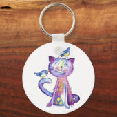 Cute Whimsical Paars Cat met vogels Sleutelhanger (Voorkant)