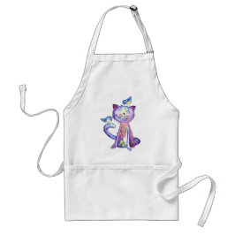 Cute Whimsical Paars Cat met vogels Standaard Schort