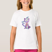 Cute Whimsical Paars Cat met vogels T-shirt (Voorkant)