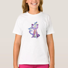 Cute Whimsical Paars Cat met vogels T-shirt