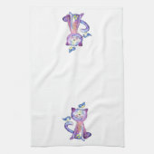 Cute Whimsical Paars Cat met vogels Theedoek (Verticaal)