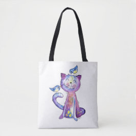 Cute Whimsical Paars Cat met vogels Tote Bag