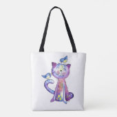 Cute Whimsical Paars Cat met vogels Tote Bag (Achterkant)