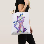 Cute Whimsical Paars Cat met vogels Tote Bag (Dichtbij)