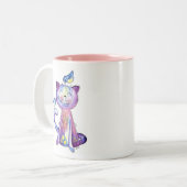 Cute Whimsical Paars Cat met vogels Tweekleurige Koffiemok (Voorkant links)
