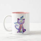 Cute Whimsical Paars Cat met vogels Tweekleurige Koffiemok (Links)