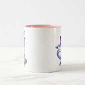 Cute Whimsical Paars Cat met vogels Tweekleurige Koffiemok (Center)