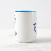 Cute Whimsical Paars Cat met vogels Tweekleurige Koffiemok (Center)