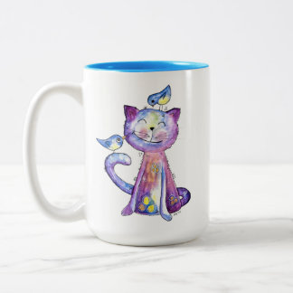 Cute Whimsical Paars Cat met vogels Tweekleurige Koffiemok
