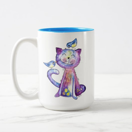 Cute Whimsical Paars Cat met vogels Tweekleurige Koffiemok (Links)