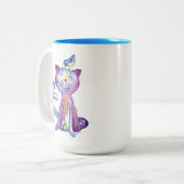 Cute Whimsical Paars Cat met vogels Tweekleurige Koffiemok (Voorkant links)