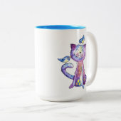 Cute Whimsical Paars Cat met vogels Tweekleurige Koffiemok (Voorkant rechts)