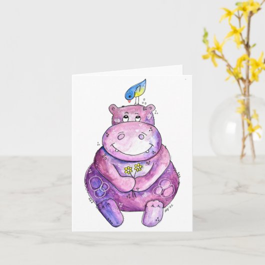 Cute Whimsical Paars Hippo Kaart (Gele Bloem)