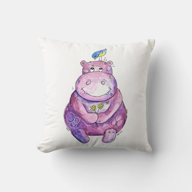 Cute Whimsical Paars Hippo Kussen (Voorkant)