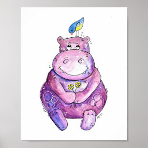 Cute Whimsical Paars Hippo Poster