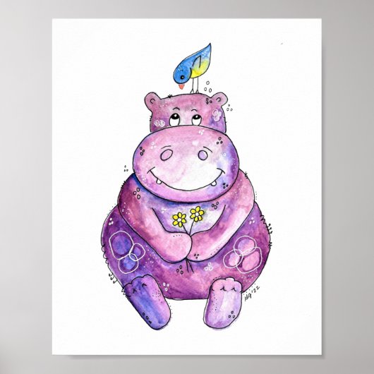 Cute Whimsical Paars Hippo Poster (Voorkant)