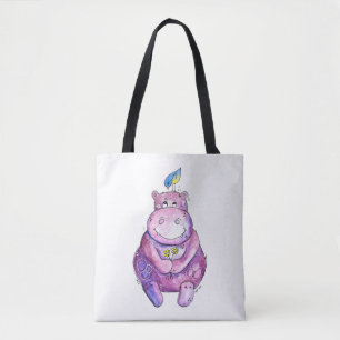 Cute Whimsical Paars Hippo Tote Bag