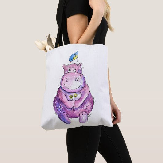 Cute Whimsical Paars Hippo Tote Bag (Dichtbij)