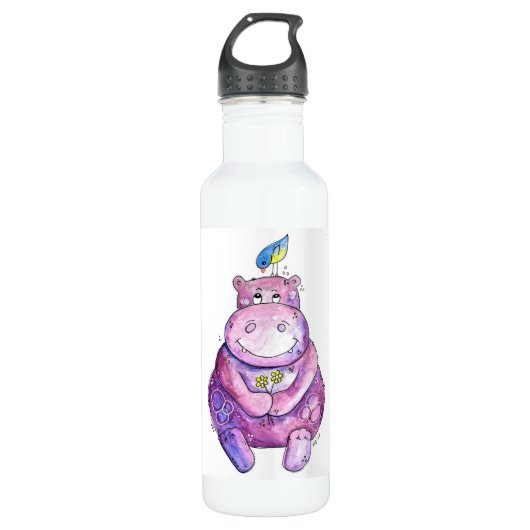 Cute Whimsical Paars Hippo Waterfles (Voorkant)