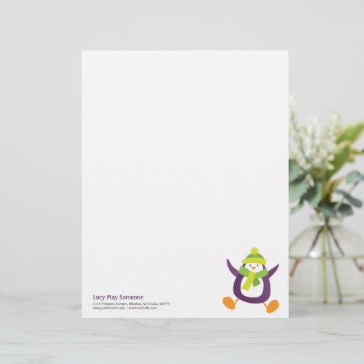 Cute Whimsical Paars Penguin  Lette Briefhoofd (Staand voorkant)