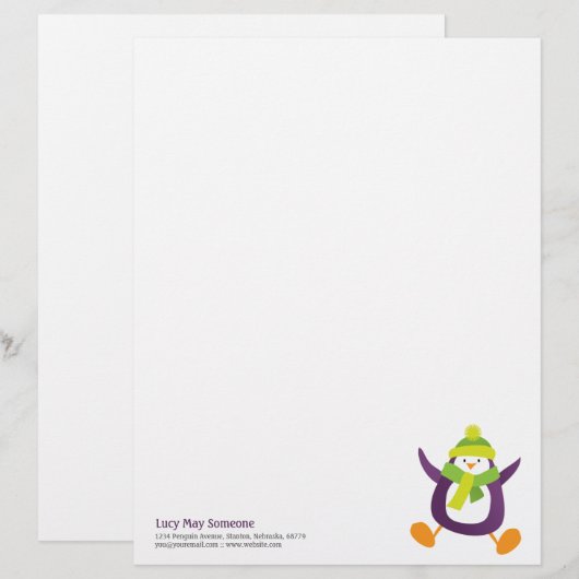 Cute Whimsical Paars Penguin Lette Briefhoofd (Voorkant / Achterkant)