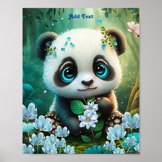 Cute Whimsical Panda Blauwe Bloementuin Kinderkame Poster (Voorkant)