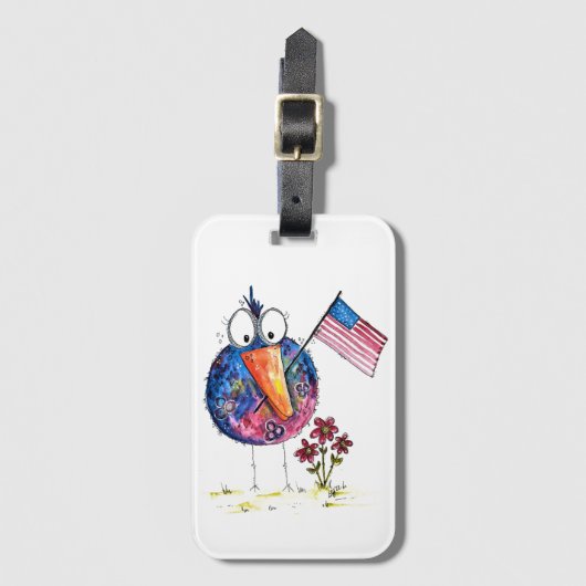 Cute Whimsical Patriotic Bird met vlag Bagagelabel (Voorkant (verticaal))